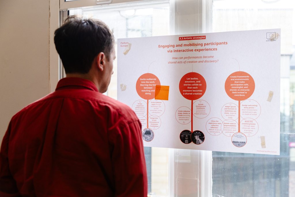 A person examining a printed chart with several grouped points and headings.